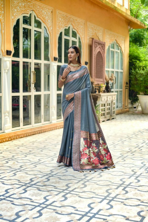 Vishnu Weaves Women s Grey Cotton Silk Zari Woven Butta Work Saree with Blouse Hot on Sale