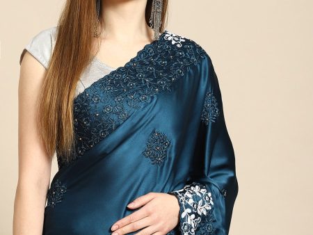 Anouk Blue Floral Embroidered Satin Saree Discount