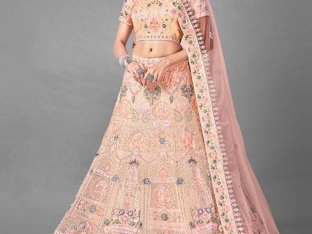 Myra Beautiful Peach Heavy Embroidered Soft Net Traditional Bridal Lehenga Supply