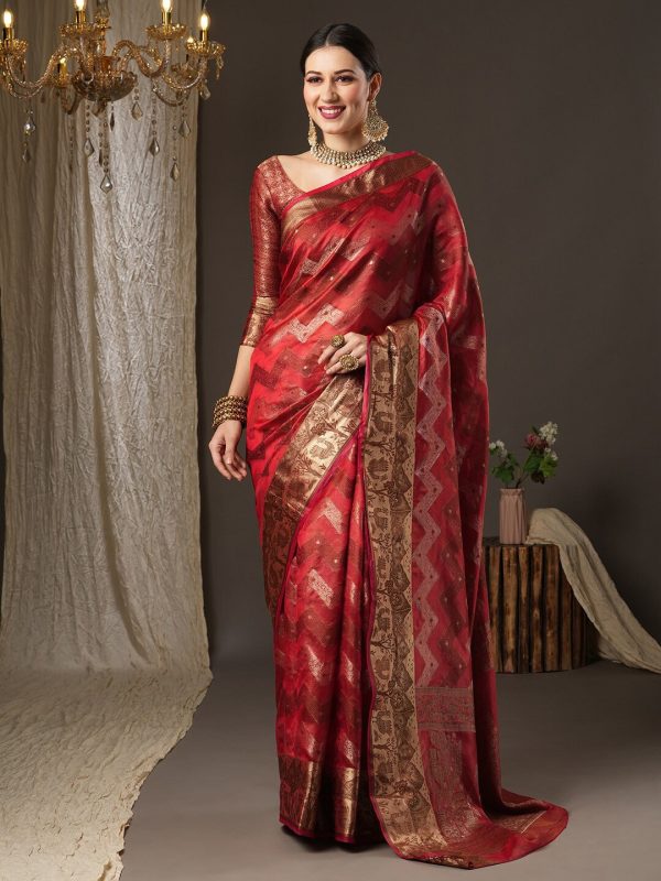 Saree Mall Pink & Gold-Toned Woven Design Zari Silk Blend Bagru Sarees Online now