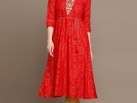 HERE&NOW Bandhani Printed Thread Work Embroidered Anarkali Kurta Online