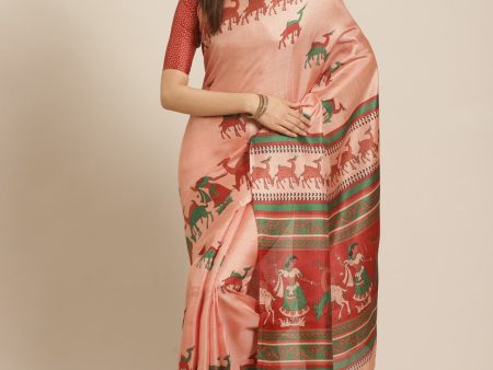 Saree Mall Peach-Coloured & Red Printed Saree Online Sale