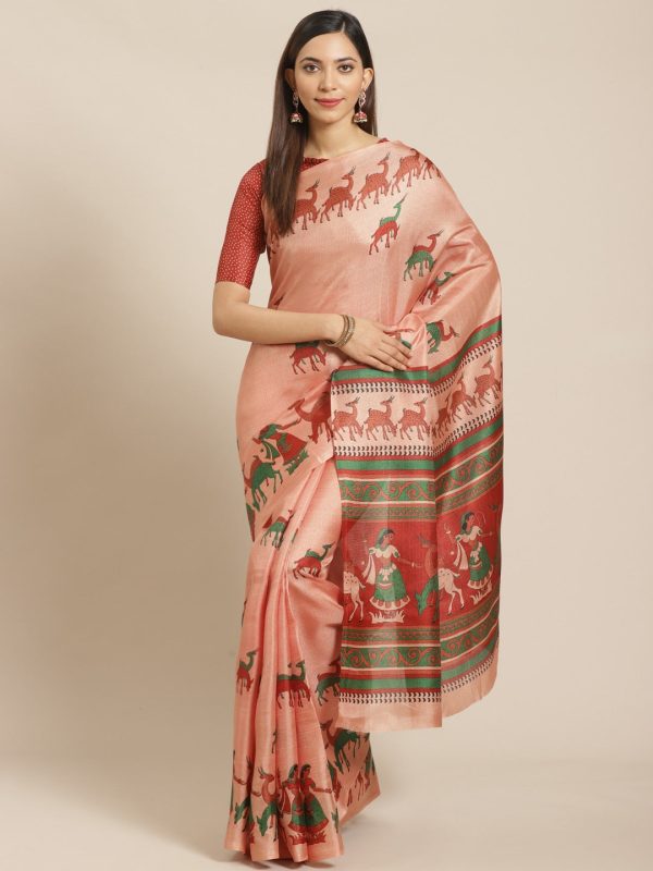 Saree Mall Peach-Coloured & Red Printed Saree Online Sale