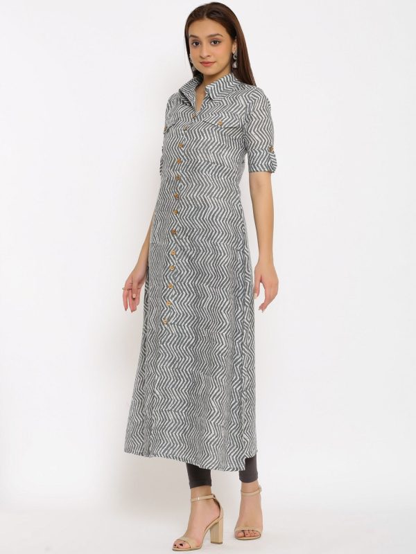 HERE&NOW Grey Shirt Collar Chevron Printed Roll Up Sleeves A-Line Kurta Hot on Sale