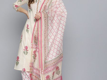 HERE&NOW Floral Printed Panelled Pure Cotton Kurta with Salwar & With Dupatta For Cheap