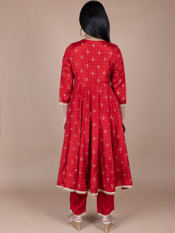 HERE&NOW Red & Beige Ethnic Motifs Printed Angrakha Gotta Patti Kurta with Trousers Online