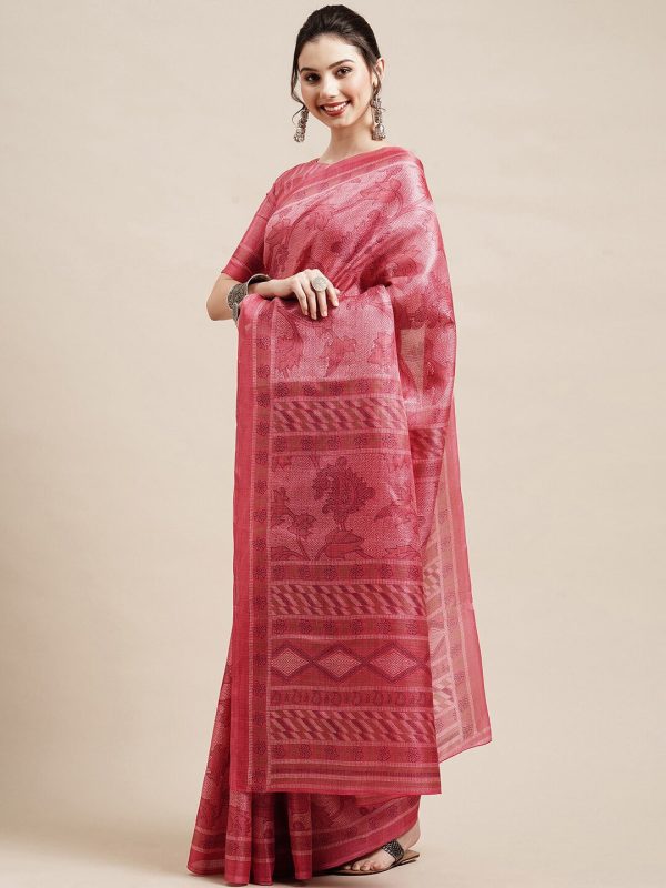 Saree Mall Peach-Coloured & White Floral Art Silk Sarees Fashion