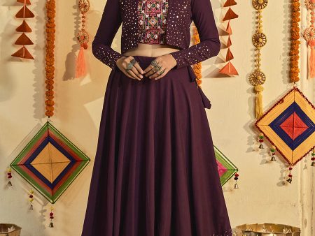 Myra Purple White and Red Maslin Cotton Embroidered Navratri Special Lehenga Cheap