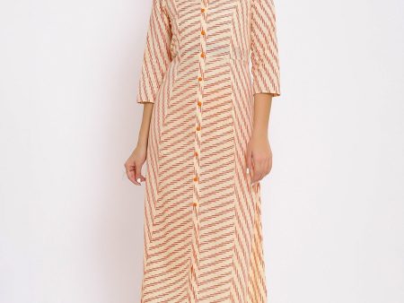 HERE&NOW Orange Mandarin Collar Striped A-Line Kurta Online Sale