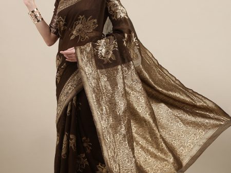 Saree Mall Brown Floral Linen Blend Banarasi Saree Discount