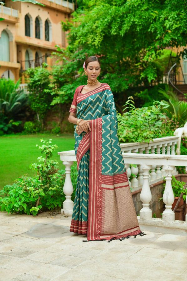 Vishnu Weaves Women s Teal Handloom Raw Silk Zari Woven Saree with Blouse For Cheap