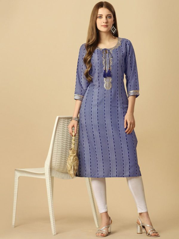 HERE&NOW Blue & White Tie-Up Neck Bandhani Printed Sequined Straight Kurta Sale