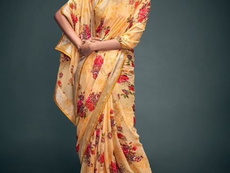 Saree Mall Yellow & Gold-Toned Floral Pure Georgette Banarasi Saree Discount