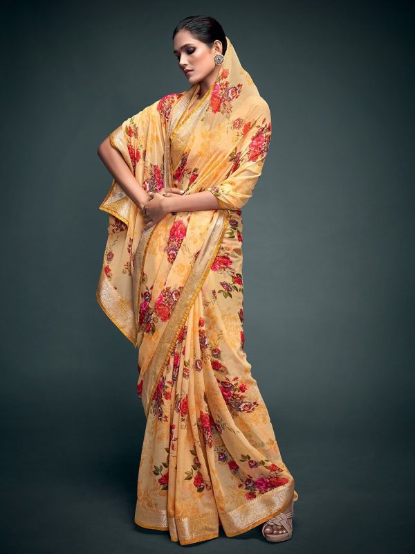 Saree Mall Yellow & Gold-Toned Floral Pure Georgette Banarasi Saree Discount