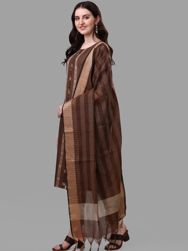 HERE&NOW Brown Striped Regular Pure Cotton Kurta With Trousers & Dupatta Supply