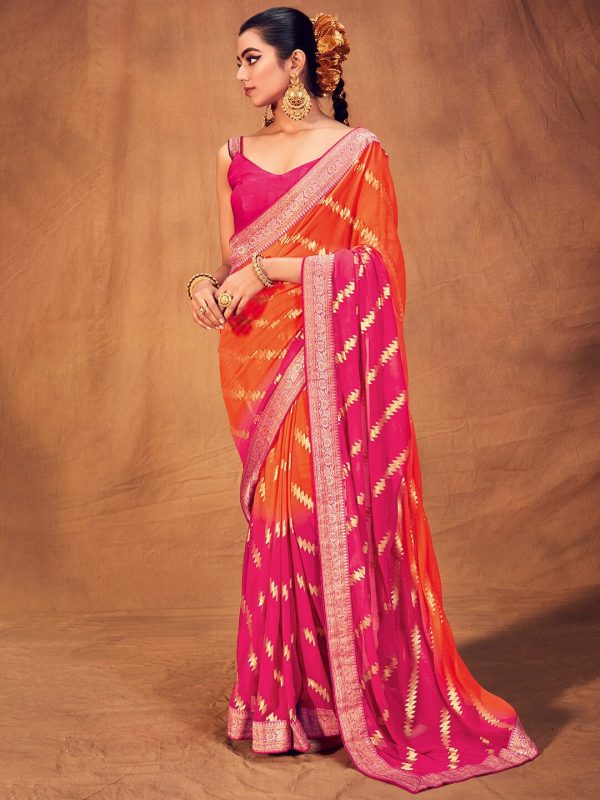 Saree Mall Striped Woven Design Zari Pure Georgette Sarees Fashion