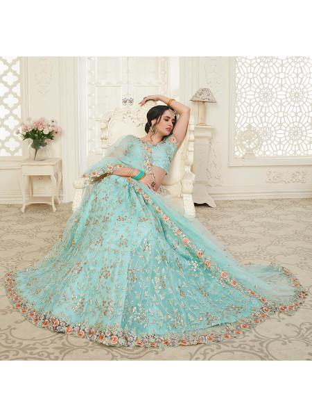 Myra Baby Blue Heavy Embroidered Net Lehenga Hot on Sale