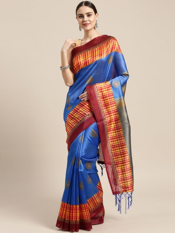 Saree Mall Blue Printed Bhagalpuri Saree on Sale