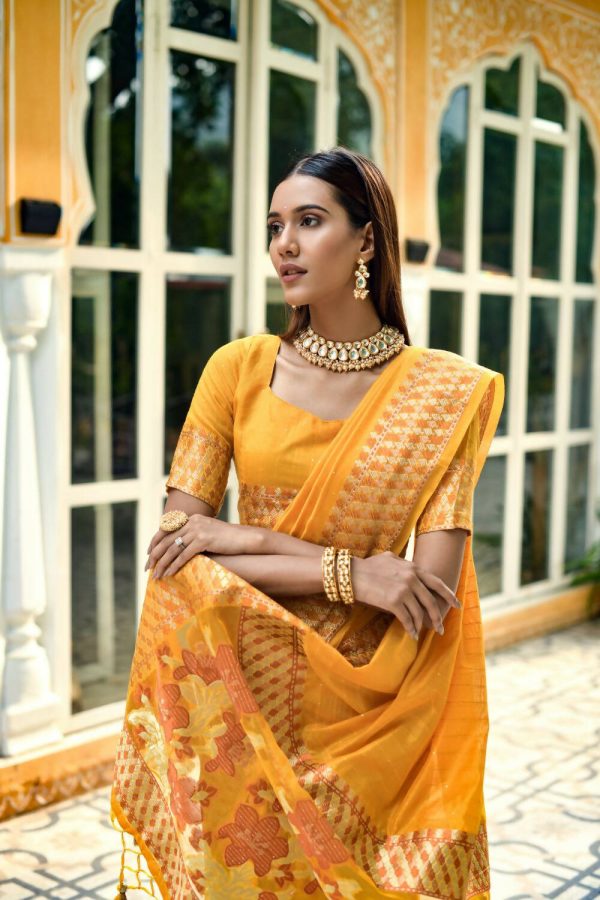 Vishnu Weaves Women s Yellow Cotton Silk Zari Woven Butta Work Saree with Blouse Online now