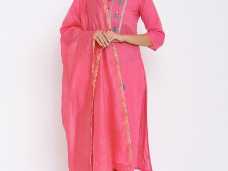 HERE&NOW Pink & Green Floral Embroidered Zari Work Kurta with Palazzos & Dupatta Fashion