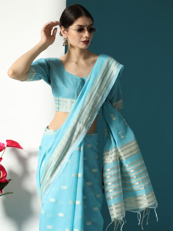 Vishnu Weaves Women s Sky Blue Lucknowi Cotton Chikankari Woven Saree with Blouse Online Hot Sale