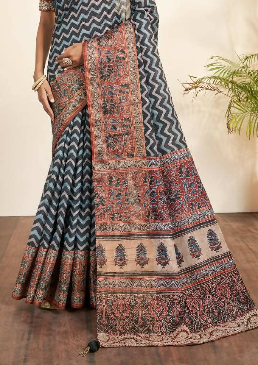 Blue Bhagalpuri Silk Stripe printed with Stone Work & Hand Work Saree - Norita Nirvi For Cheap