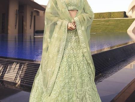 Myra Beautiful Green Heavy Embroidered Soft Net Bridal Lehenga For Cheap