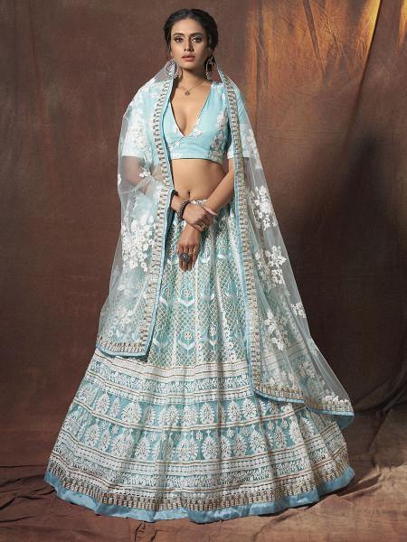 Myra Baby Blue Embroidered Soft Net Lehenga Supply