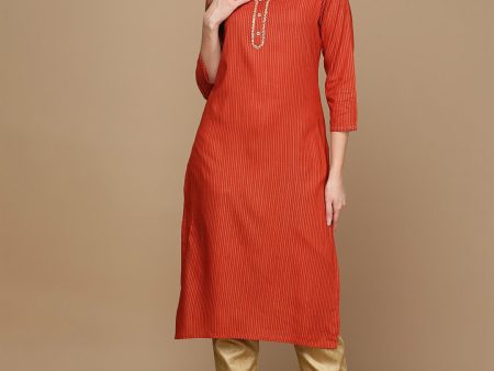 HERE&NOW Orange & Gold-Toned Mandarin Collar Striped Sequined Straight Kurta on Sale