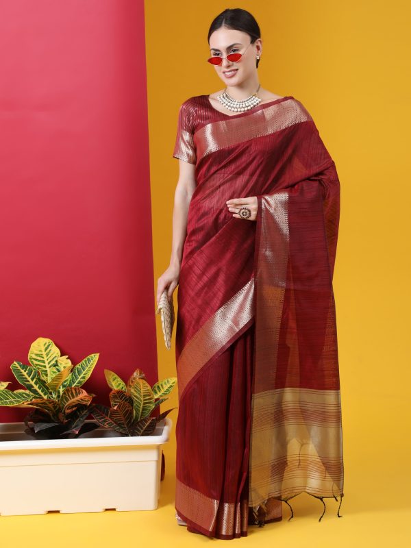 Vishnu Weaves Women s Maroon Tussar Silk Zari Woven Saree with Blouse Supply