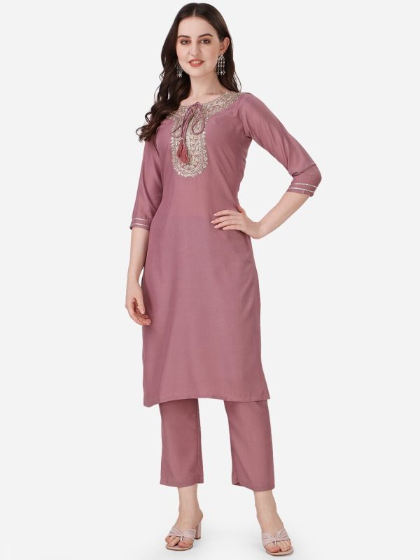 HERE&NOW Ethnic Motif Yoke Design Thread Work Kurta With Trousers Discount