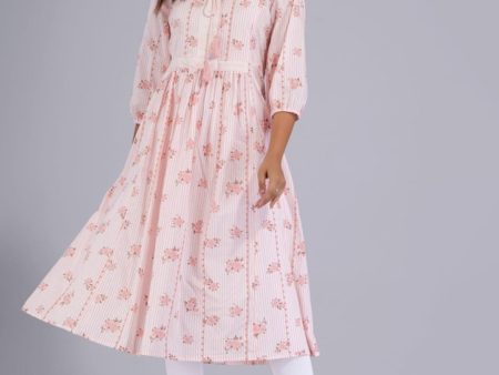 HERE&NOW Peach & White Floral Printed Tie-Up Neck Cotton A-Line Kurta For Cheap