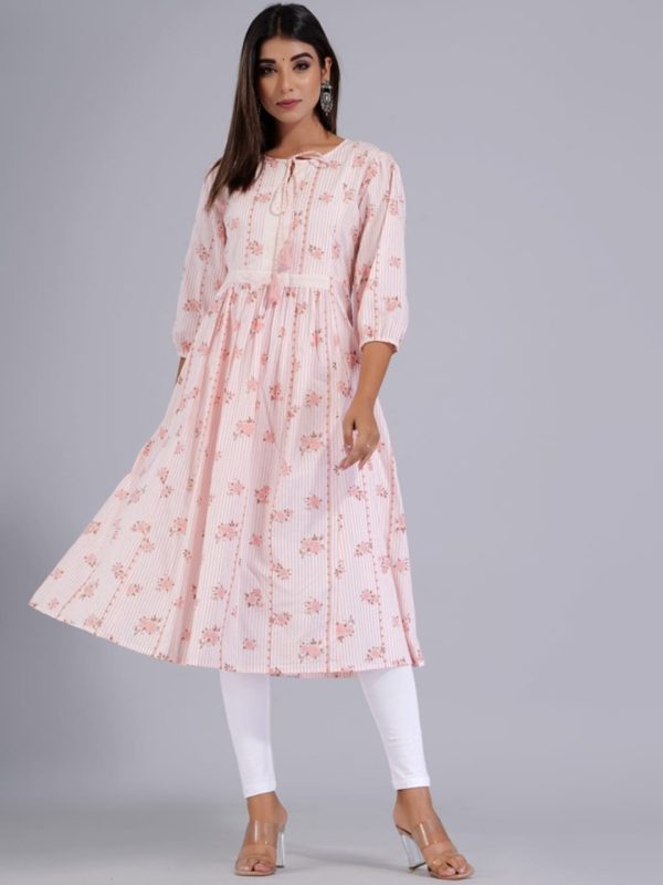 HERE&NOW Peach & White Floral Printed Tie-Up Neck Cotton A-Line Kurta For Cheap