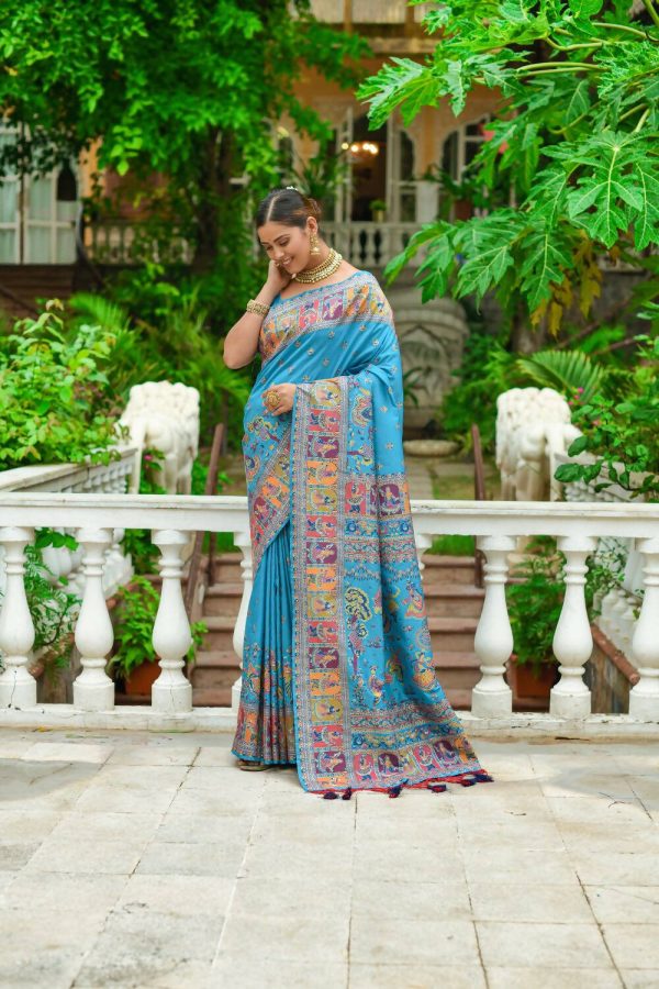 Vishnu Weaves Women s Firozi Banarasi Silk Kashmiri Woven Saree with Blouse Online Hot Sale