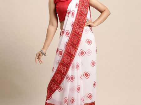 Saree Mall Women White & Red Bandhani Printed Poly Chiffon Sarees For Discount