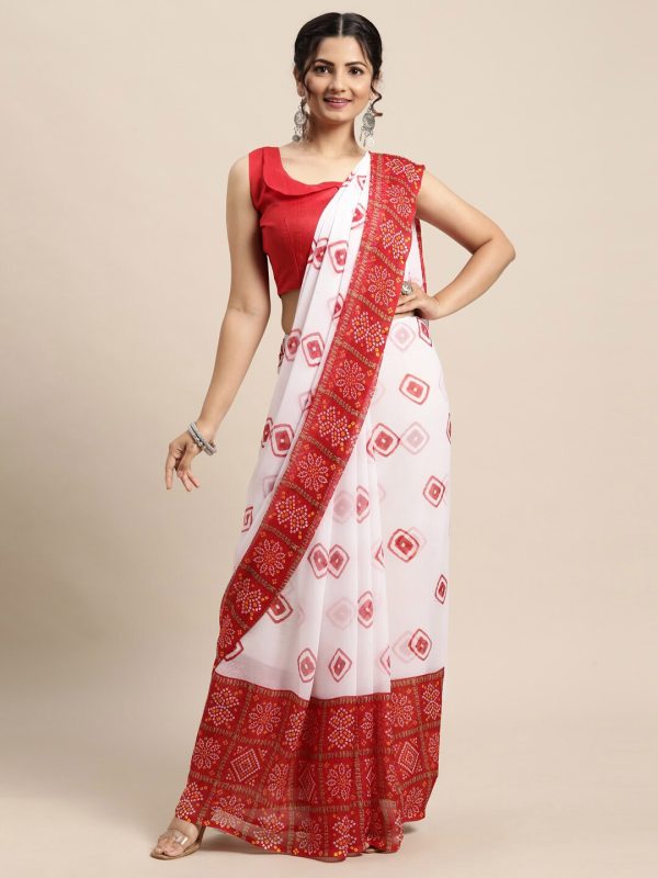 Saree Mall Women White & Red Bandhani Printed Poly Chiffon Sarees For Discount