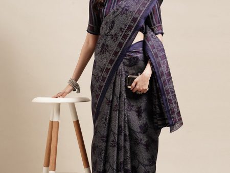 Saree Mall Navy Blue & Grey Floral Art Silk Bhagalpuri Sarees Online Hot Sale