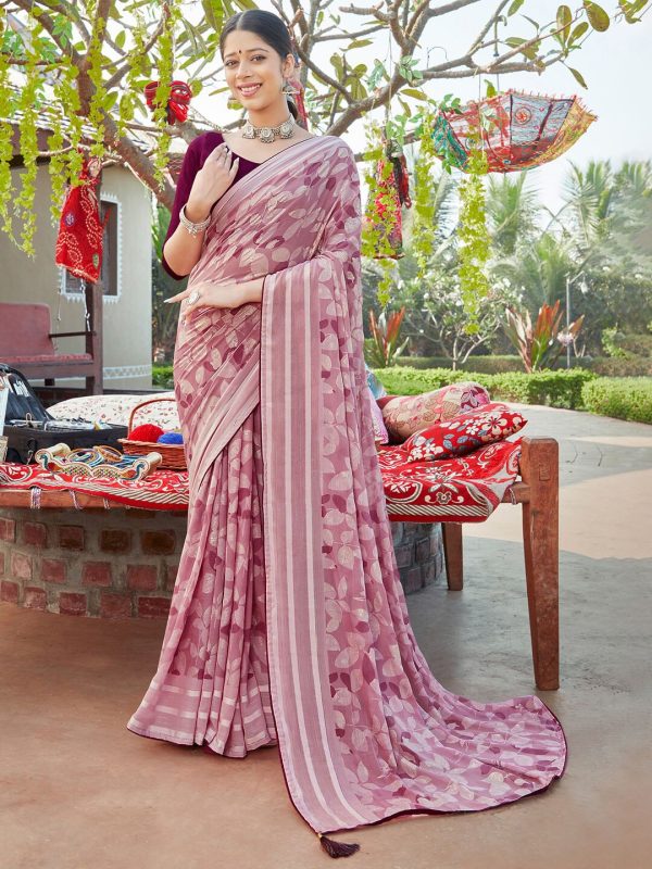 Saree Mall Floral Printed Pure Chiffon Block Print Saree For Sale