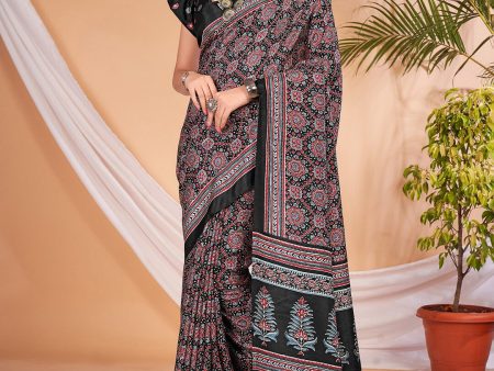 Saree Mall Ajrakh Silk Blend Block Print Sarees on Sale