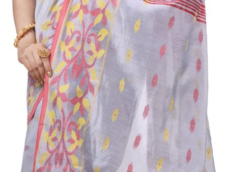 Desh Bidesh Woven Handloom Cotton Silk Saree (Silver) Fashion