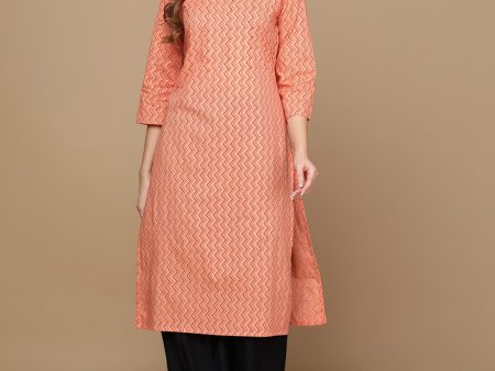 HERE&NOW Peach-Color & Red Chevron Printed Beads Pure Cotton Kurta For Discount