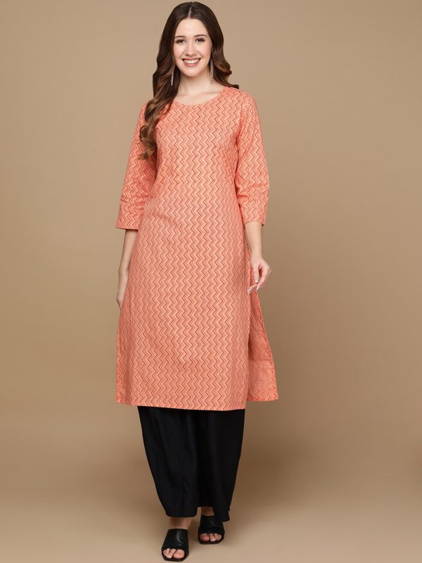 HERE&NOW Peach-Color & Red Chevron Printed Beads Pure Cotton Kurta For Discount