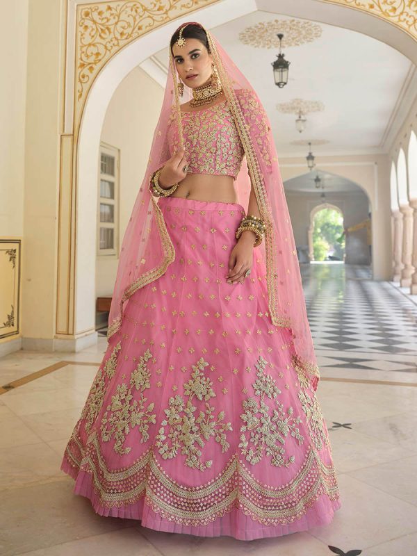 Myra Baby Pink Net Embroidered Lehenga Online now