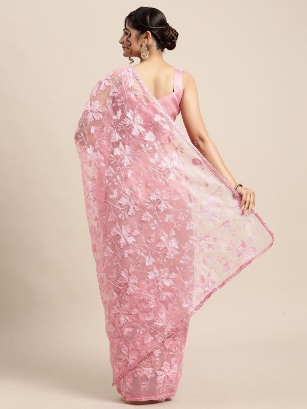 Saree Mall Pink Floral Embroidered Organza Sarees Online Sale