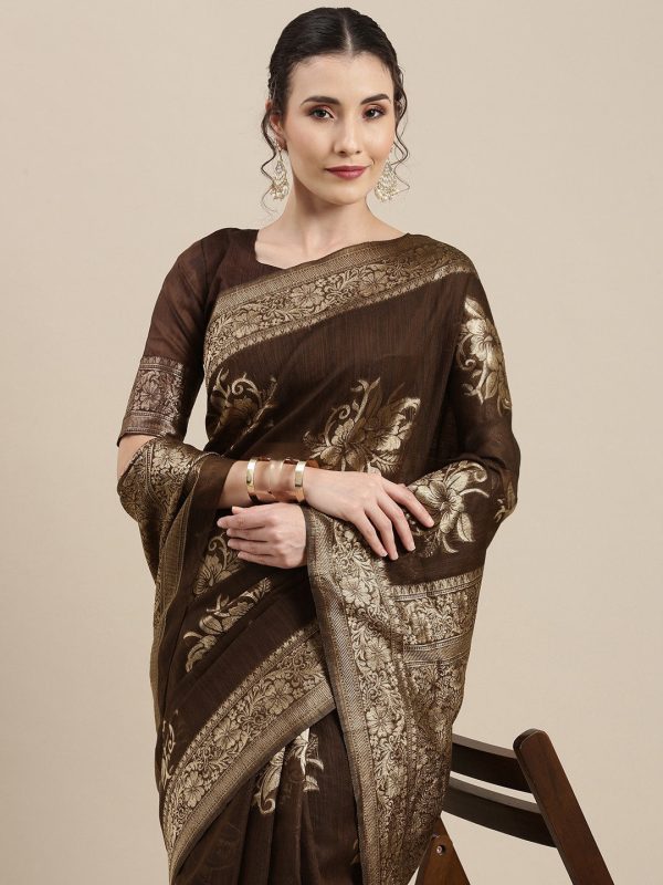 Saree Mall Brown Floral Linen Blend Banarasi Saree Discount