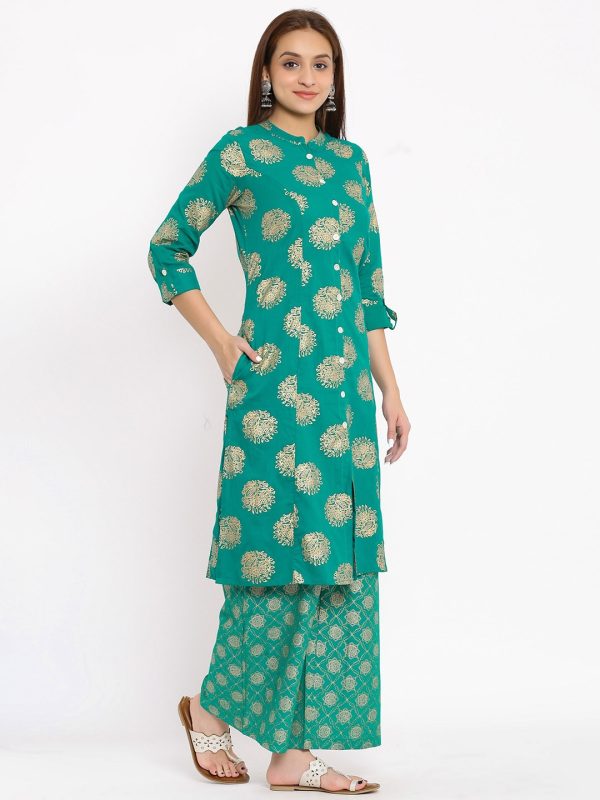 HERE&NOW Green Mandarin Collar Ethnic Motifs Printed A-Line Kurta Online Hot Sale