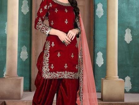 Myra Red Art Silk Embroidered Patiyala Suit Fashion