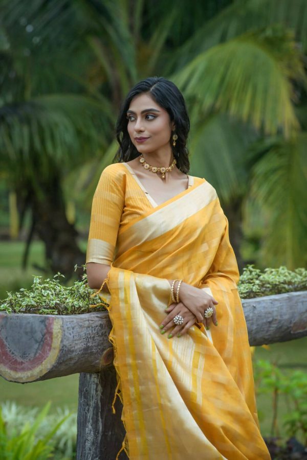 Vishnu Weaves Women s Yellow Organza Silk Zari Woven Saree with Blouse Online now