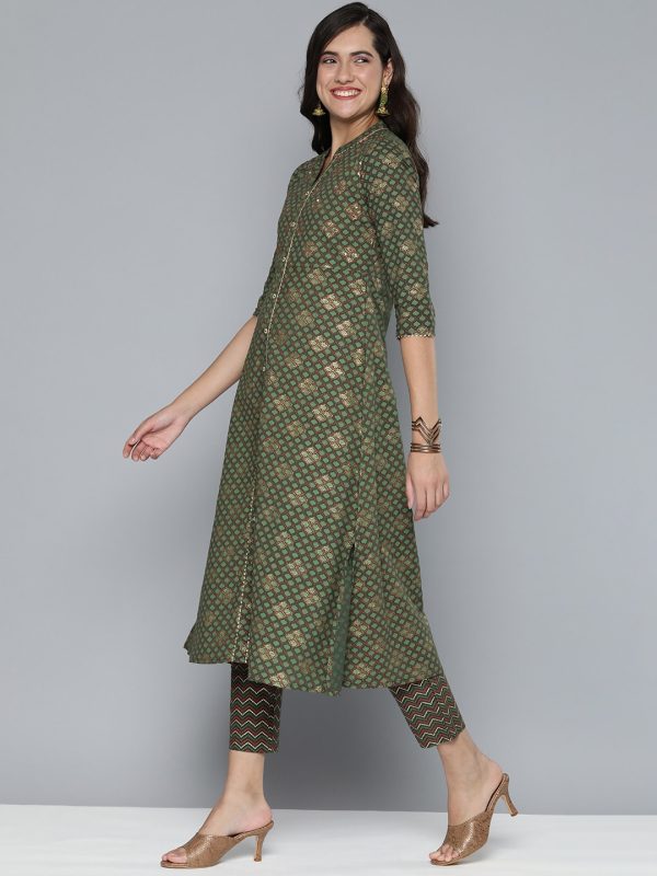 HERE&NOW Ethnic Motifs Printed Gotta Patti Pure Cotton Kurta With Trousers & With Dupatta For Discount