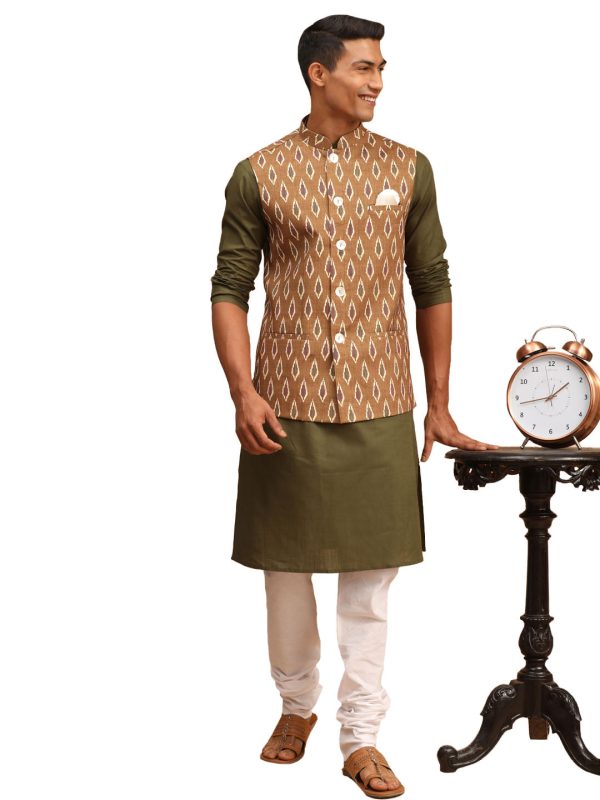 Vastramay Men s Green And White Cotton Blend Jacket, Kurta And Pyjama Set For Cheap